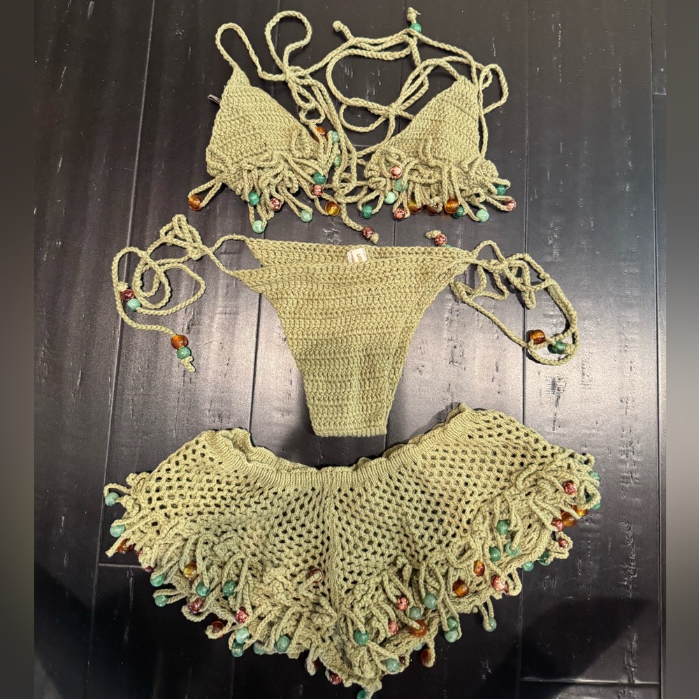 Green Canary Knit Micro Bikini Top/bottoms/shorts with Beaded Trim